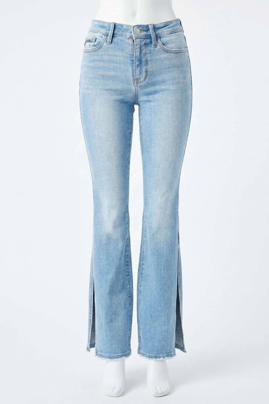 NEW JUDY BLUE mid-rise peak-a-boot hem slit flare jeans in light blue